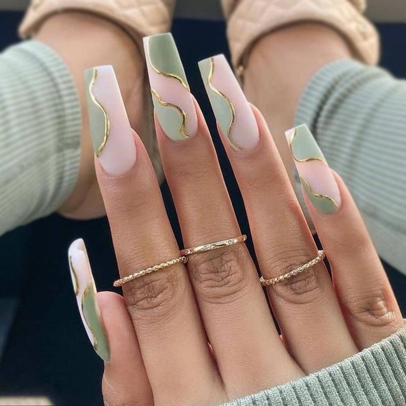 Gray Green French Press-On Nails with Detachable Design