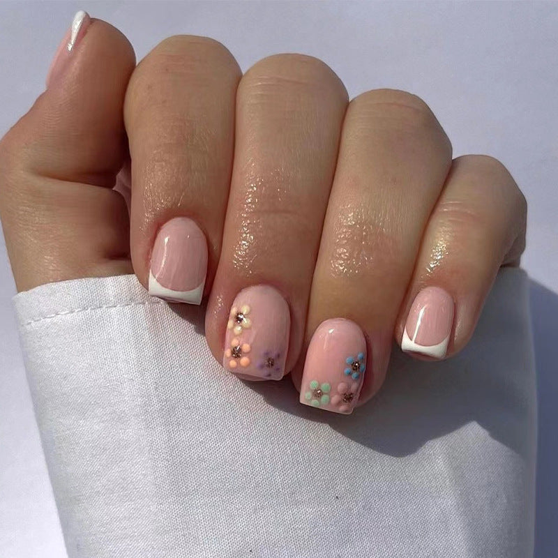 Short White French Press-On Nails with Floral Glitter Design