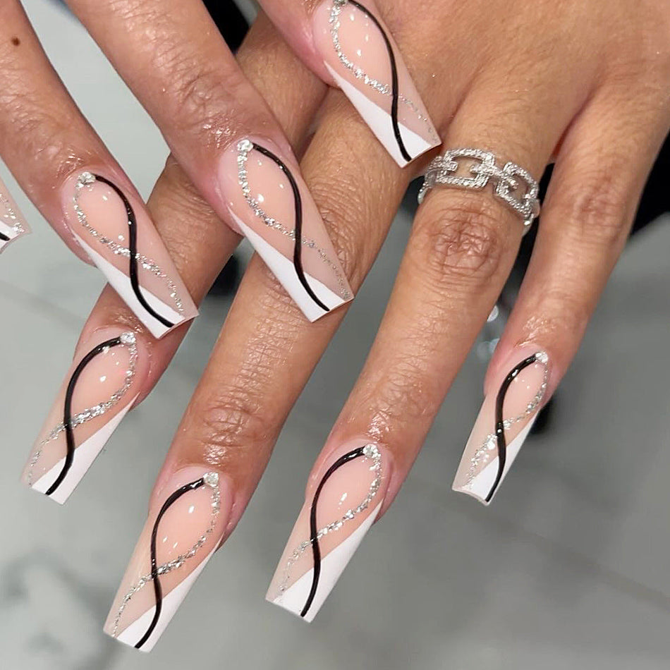 Silver Glitter Diamond Press-On Nails with Black Line Art