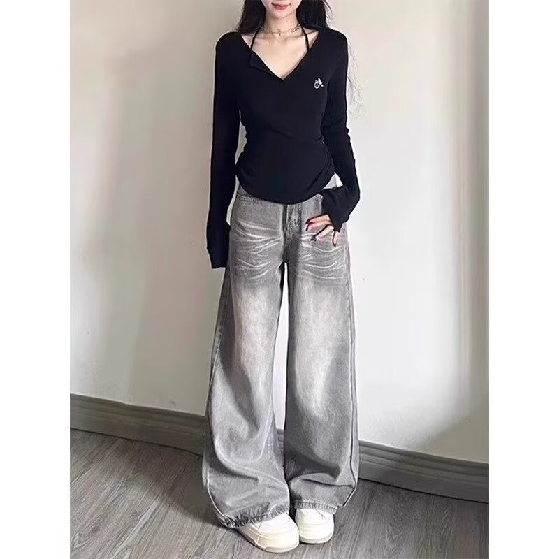 Women's Washed Vintage Gray Flared Straight Jeans