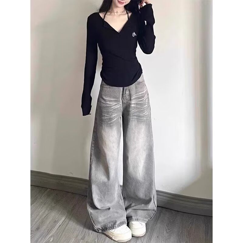 Women's Washed Vintage Gray Flared Straight Jeans