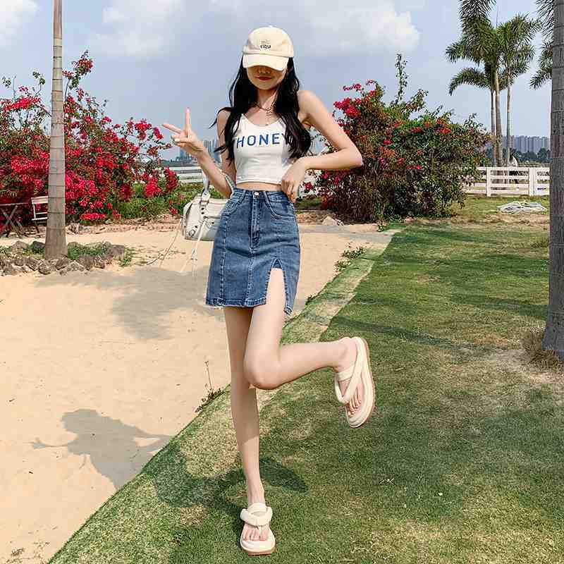 Vintage High-Waisted Split Denim A-Line Mini Skirt