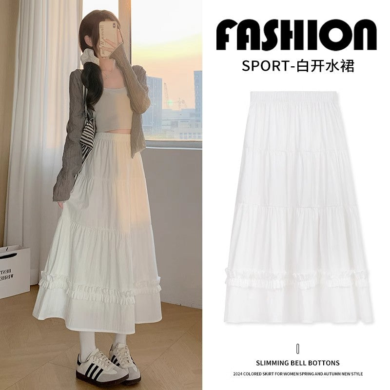 High-Waisted Tiered Lace Trim Midi Skirt for Women