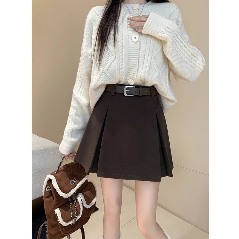 High-Waisted Pleated Wool Blend A-Line Skirt for Women