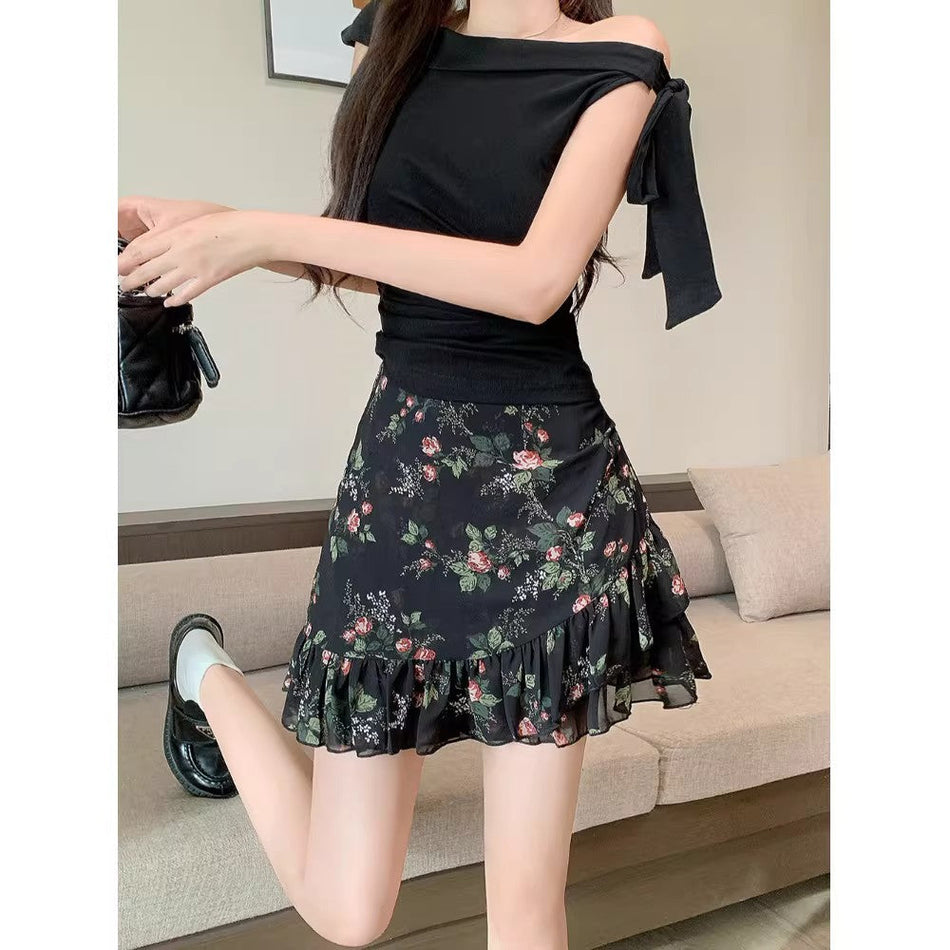 French-Inspired Floral Irregular A-Line Skirt