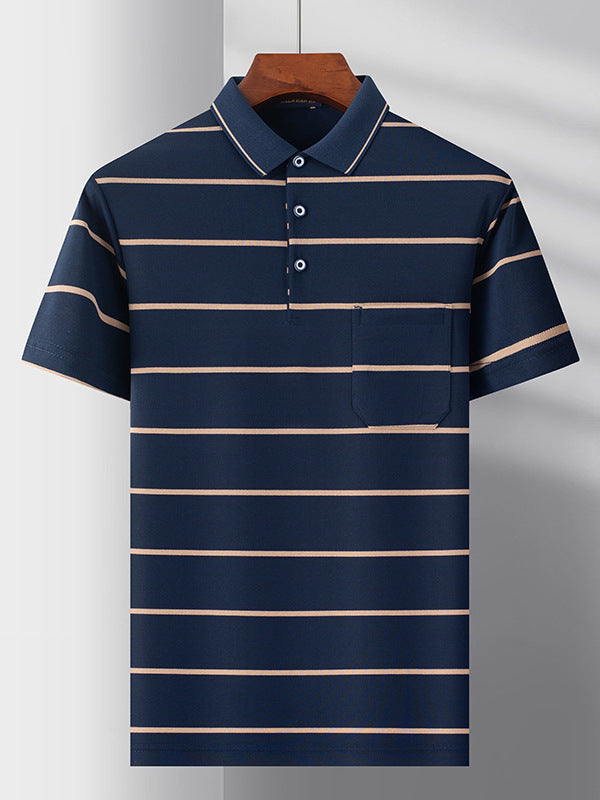 Men's Striped Short Sleeve Polo Shirt Non-Iron Casual Lapel Top