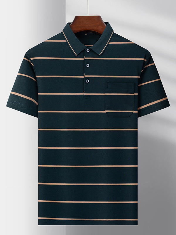 Men's Striped Short Sleeve Polo Shirt Non-Iron Casual Lapel Top
