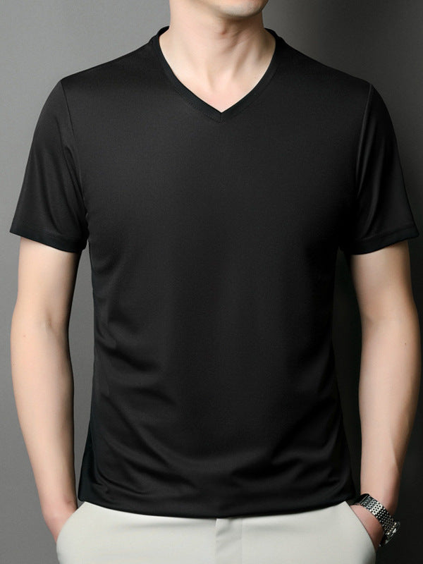 Men's Mercerized V Neck Short Sleeve T-Shirt Casual Thin Top