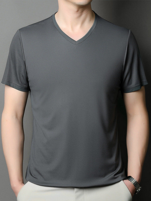 Men's Mercerized V Neck Short Sleeve T-Shirt Casual Thin Top