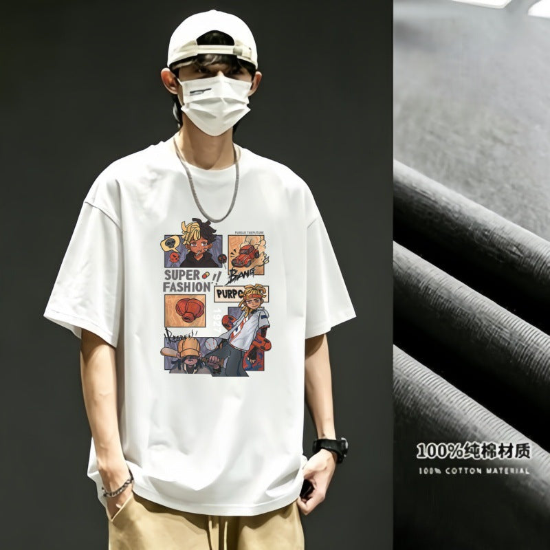 Men's 100% Cotton Short Sleeve T-Shirt Loose American Style Top
