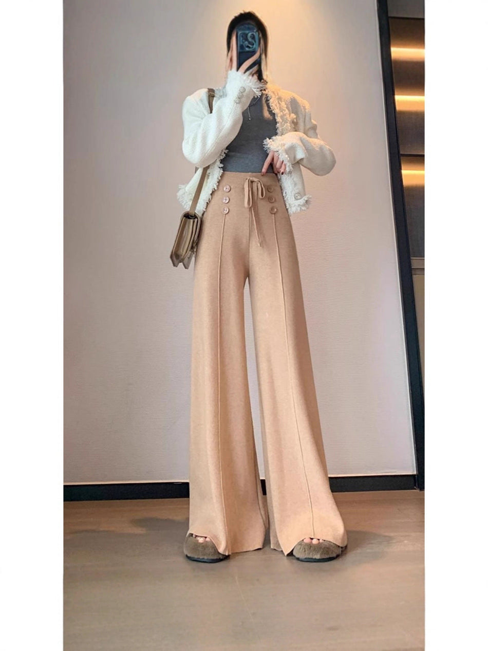 Women's High Waist Wide-Leg Knit Pants – Draped Casual Trousers