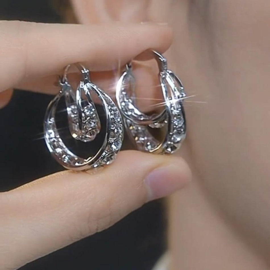 Silver Rhinestone Hoop Earrings – Elegant Interlocking Jewelry
