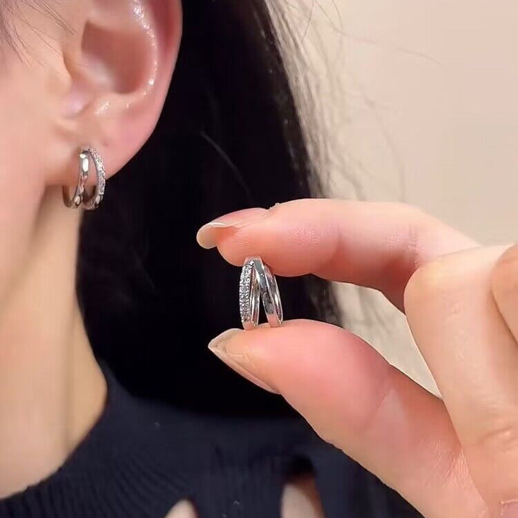 Silver Diamond Hoop Earrings – Geometric Light Luxury Fashion