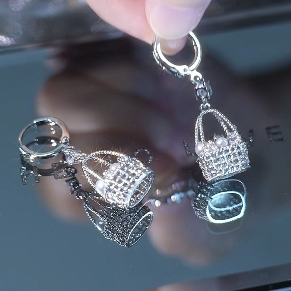 Golden Pearl Zircon Flower Basket Earrings
