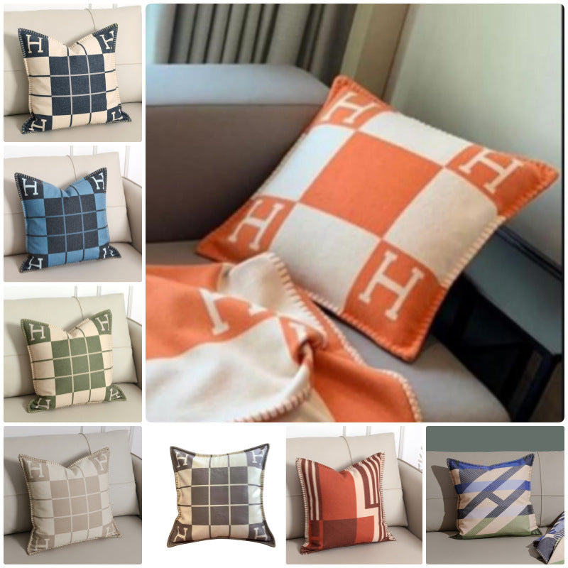 Light Luxury H Letter Square Pillow, Woolen Edge Cushion