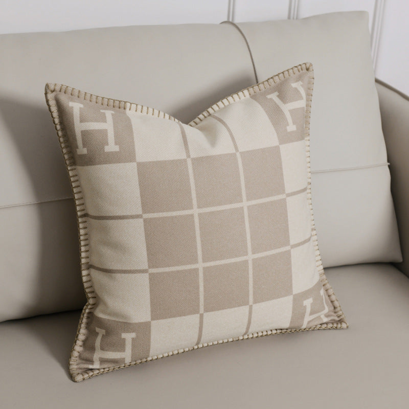 Light Luxury H Letter Square Pillow, Woolen Edge Cushion
