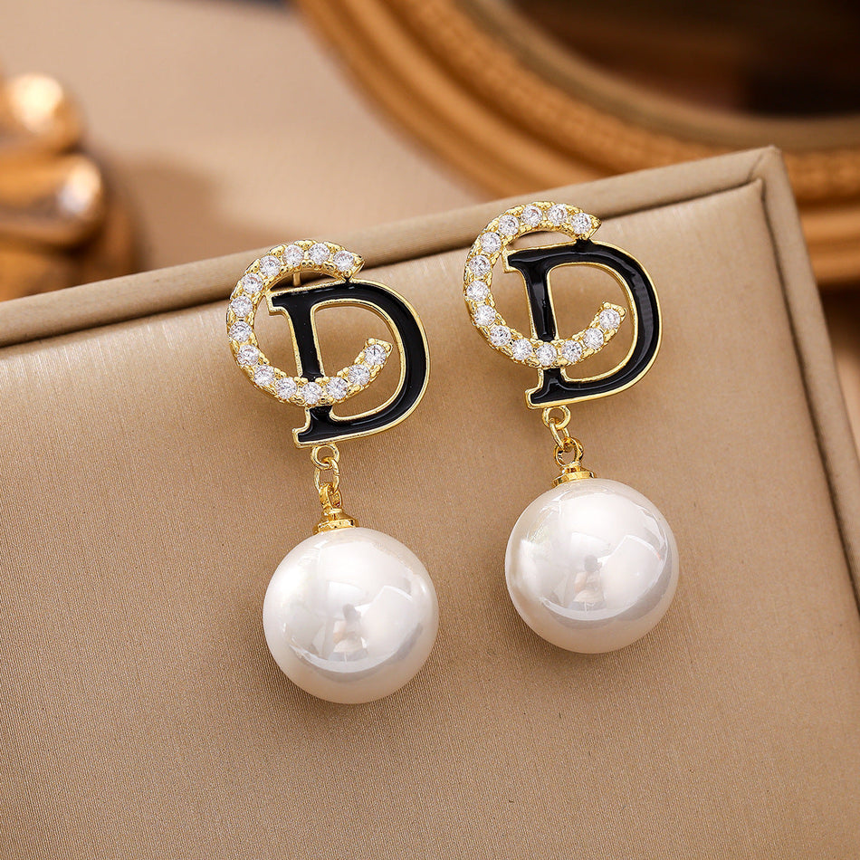 S925 Style CD Letter Zircon Pearl Earrings for Women