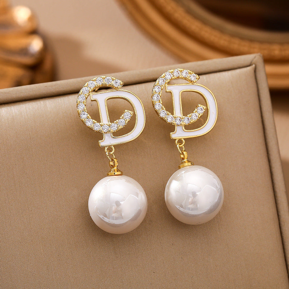 S925 Style CD Letter Zircon Pearl Earrings for Women