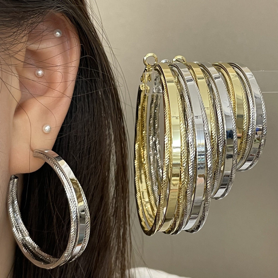 Three Layer Textured Wide Hoop Earrings with C Shape Design