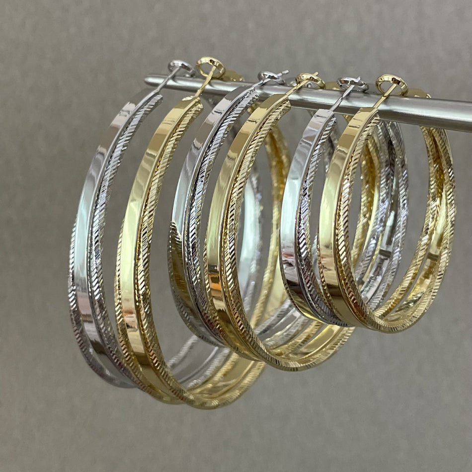 Three Layer Textured Wide Hoop Earrings with C Shape Design