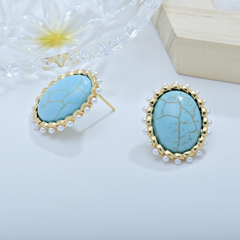 Oval Turquoise Earrings with 925 Silver Needles for Women