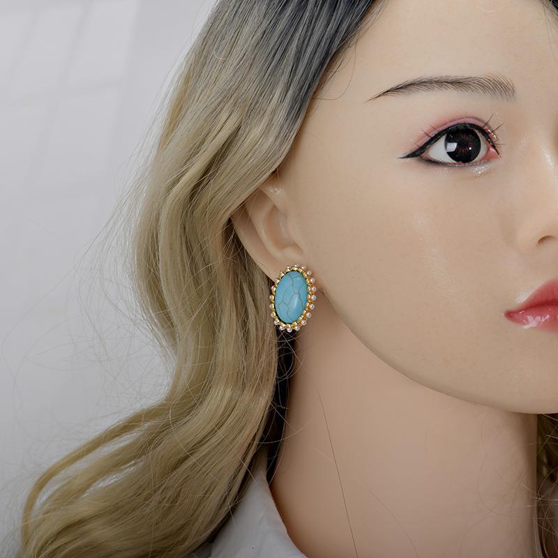 Oval Turquoise Earrings with 925 Silver Needles for Women