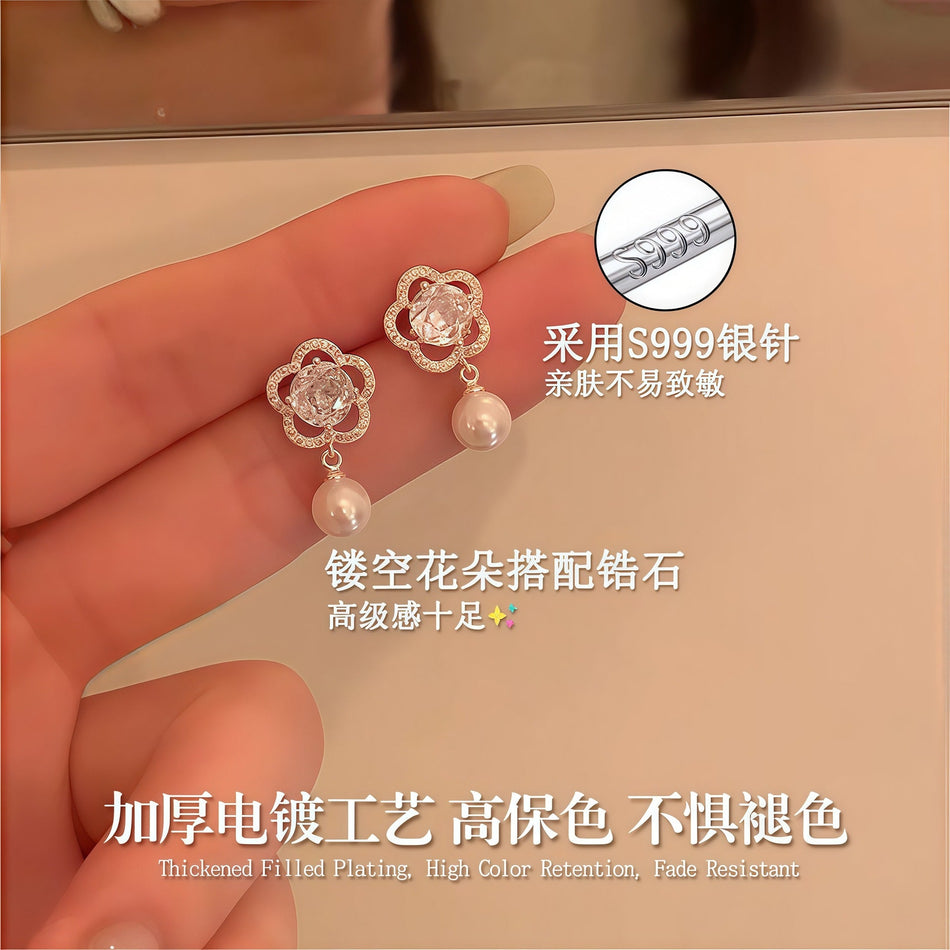 Rose Cut Zircon Flower Earrings with Sterling Silver Needles