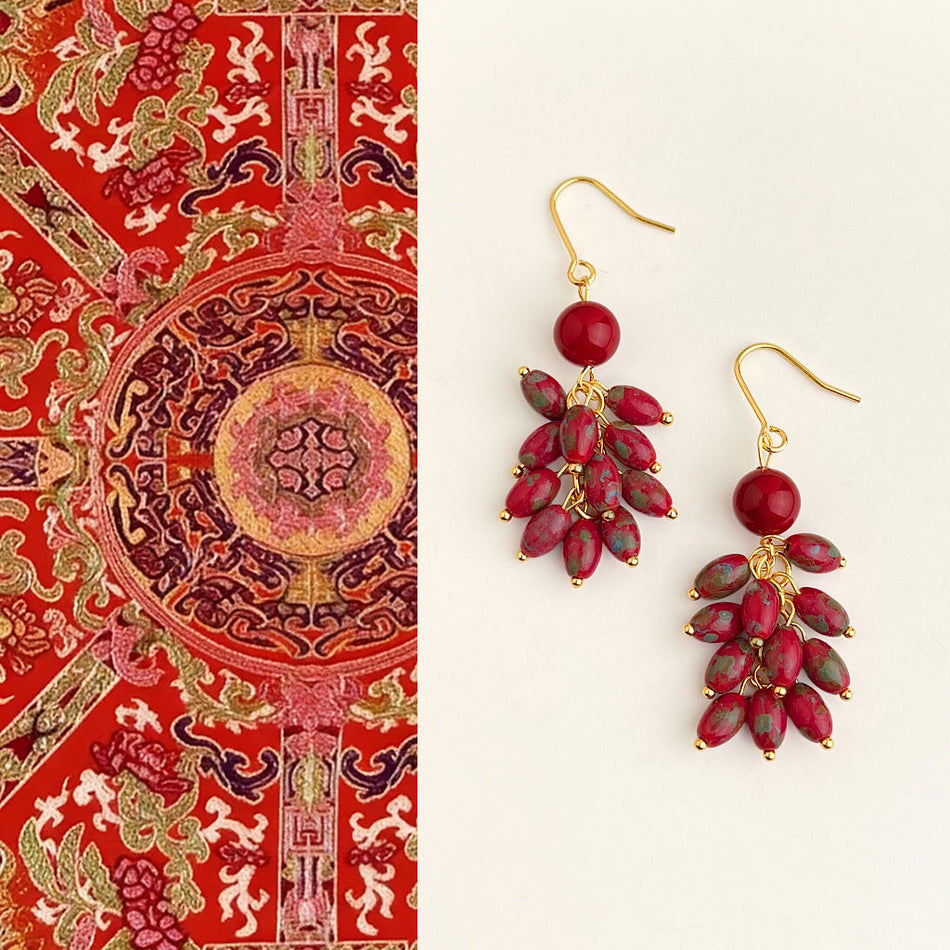 Red Beaded Tassel Earrings with Vintage Chinese Style Design