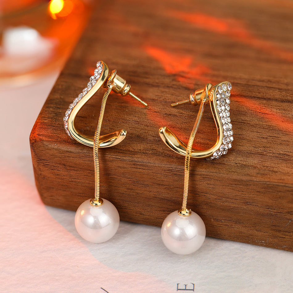 Geometric Pearl Zircon Stud Earrings for Women