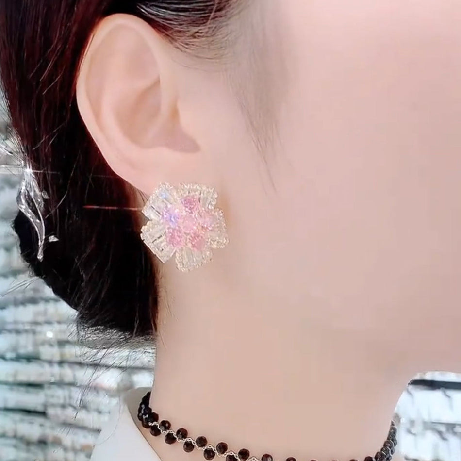 Pink Geometric Flower Earrings with 925 Silver Needles