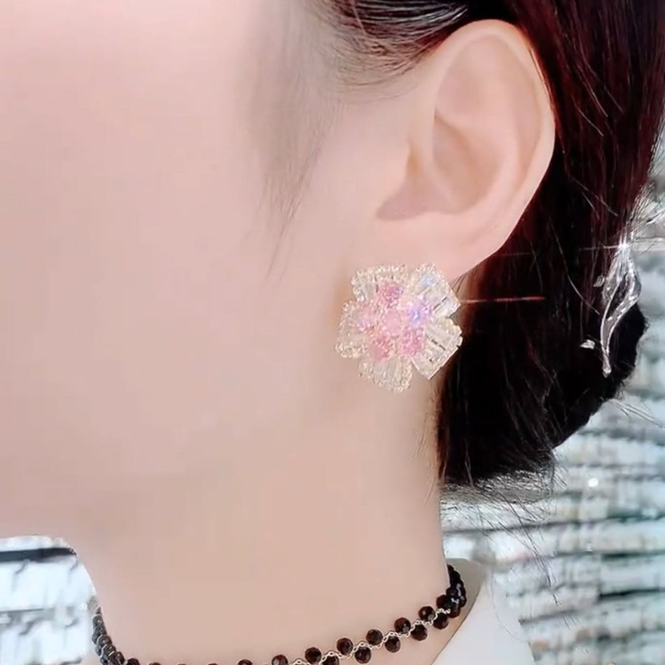 Pink Geometric Flower Earrings with 925 Silver Needles