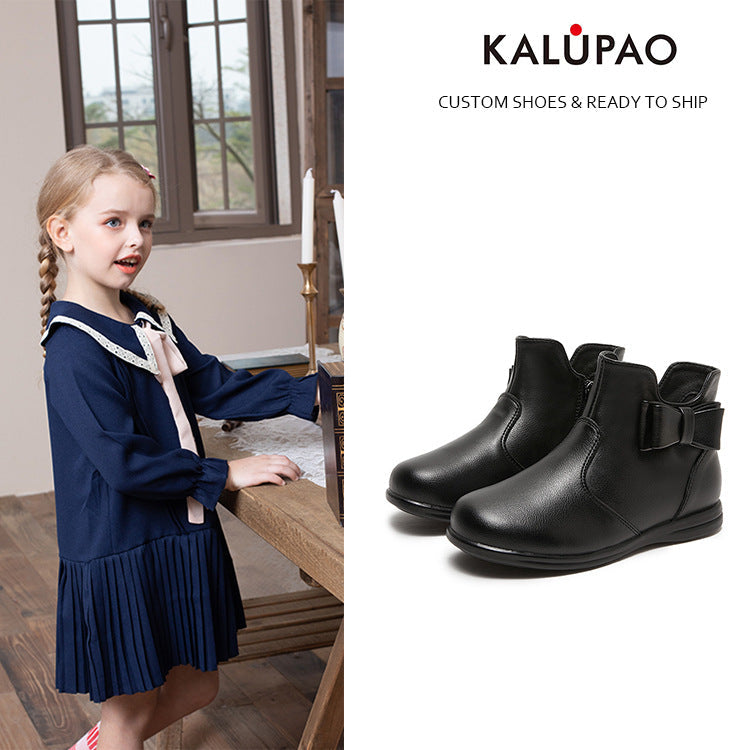 Girls Leather Bowknot Low Short Boots
