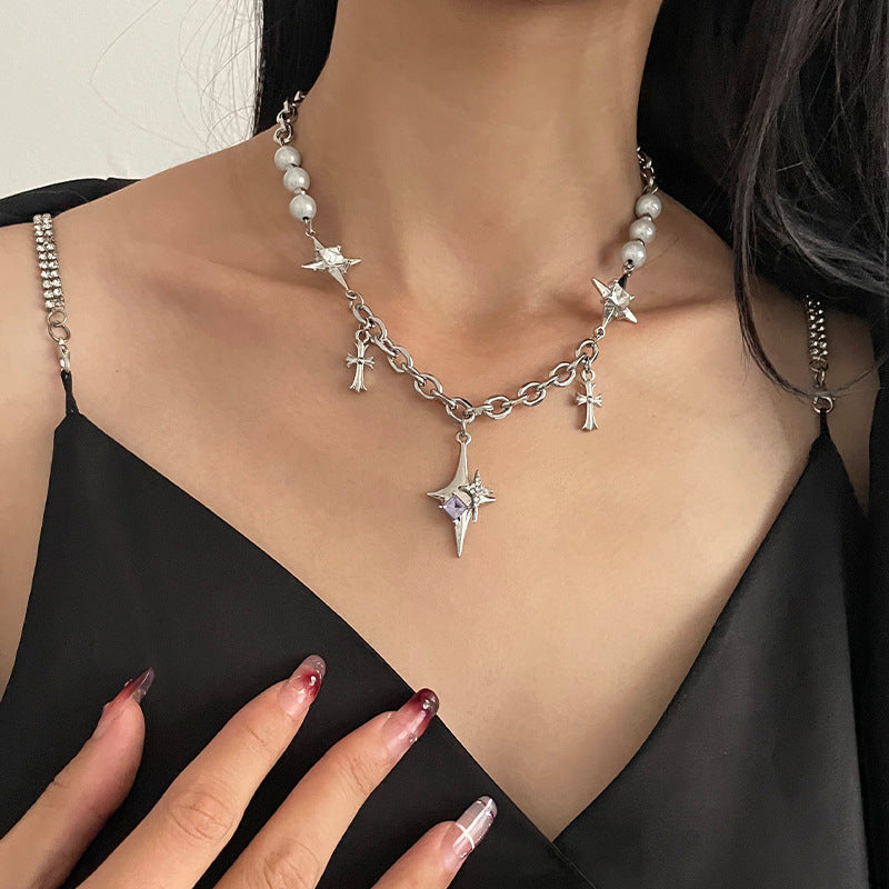 Purple Star Cross Pendant Titanium Steel Necklace for Women