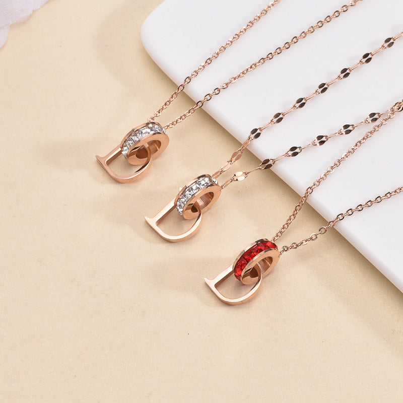D Letter Double Ring Titanium Steel Bead Chain Necklace