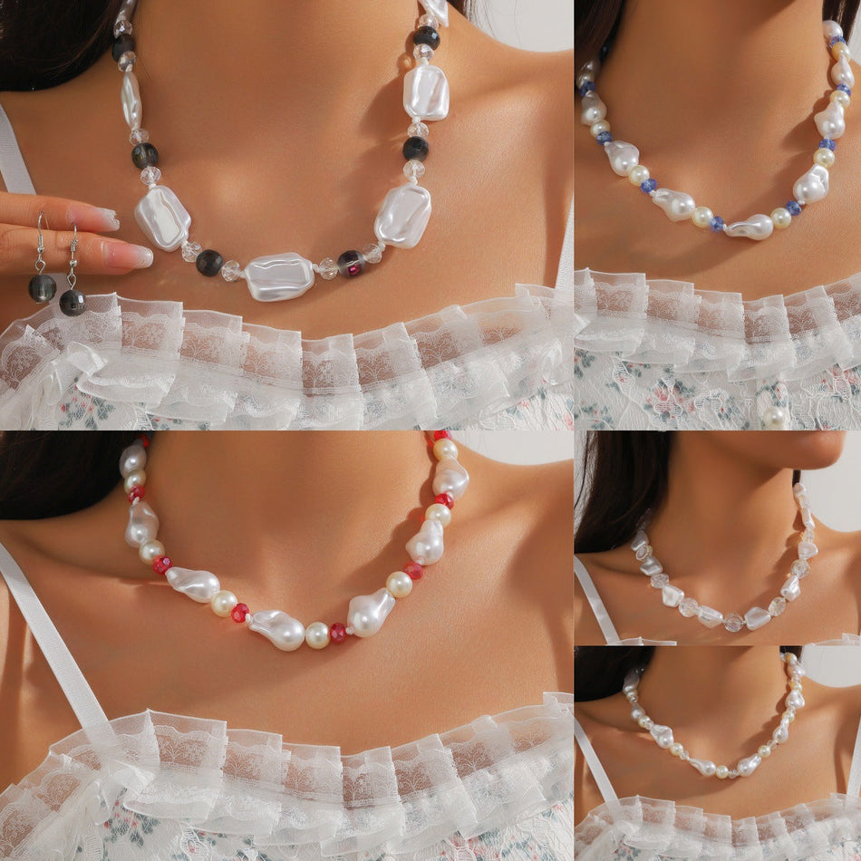 Handwoven Pearl Glass Bead Necklace with Clavicle Chain