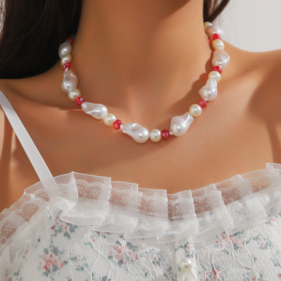 Handwoven Pearl Glass Bead Necklace with Clavicle Chain