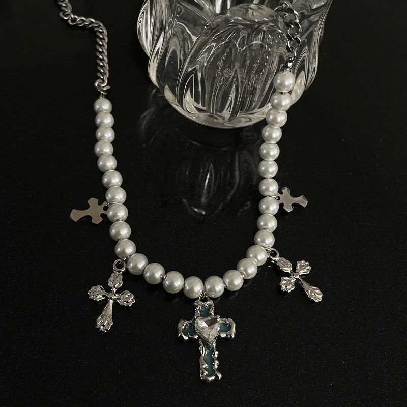 Blue Cross Pearl Titanium Steel Necklace with Heart Detail