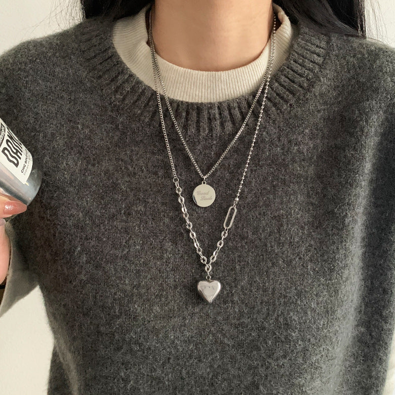 Double Layer Heart Pendant Titanium Steel Necklace