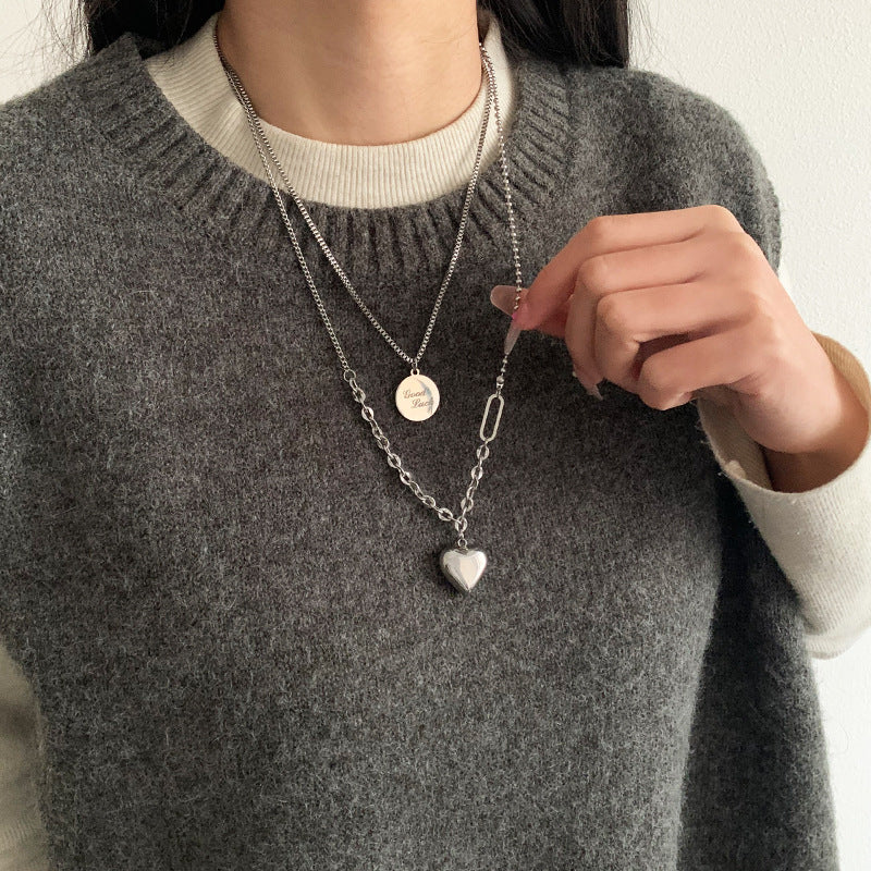 Double Layer Heart Pendant Titanium Steel Necklace