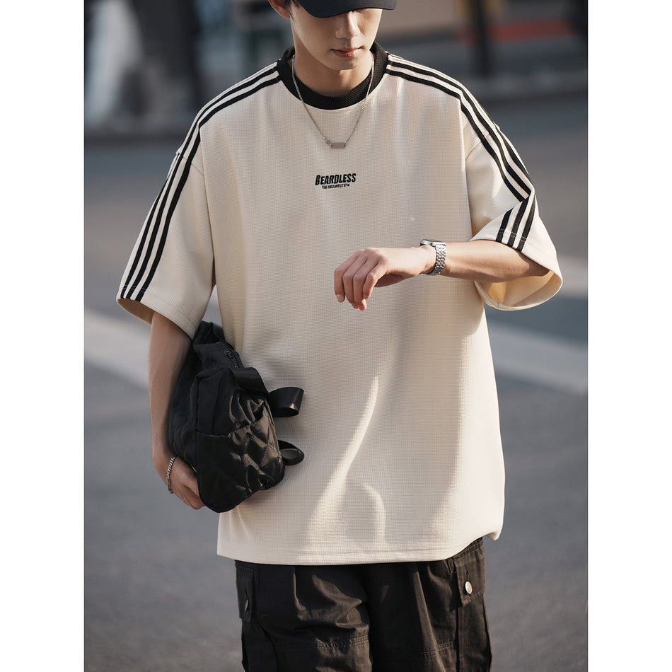 Men's Striped White Short Sleeve T-Shirt Loose Casual Top