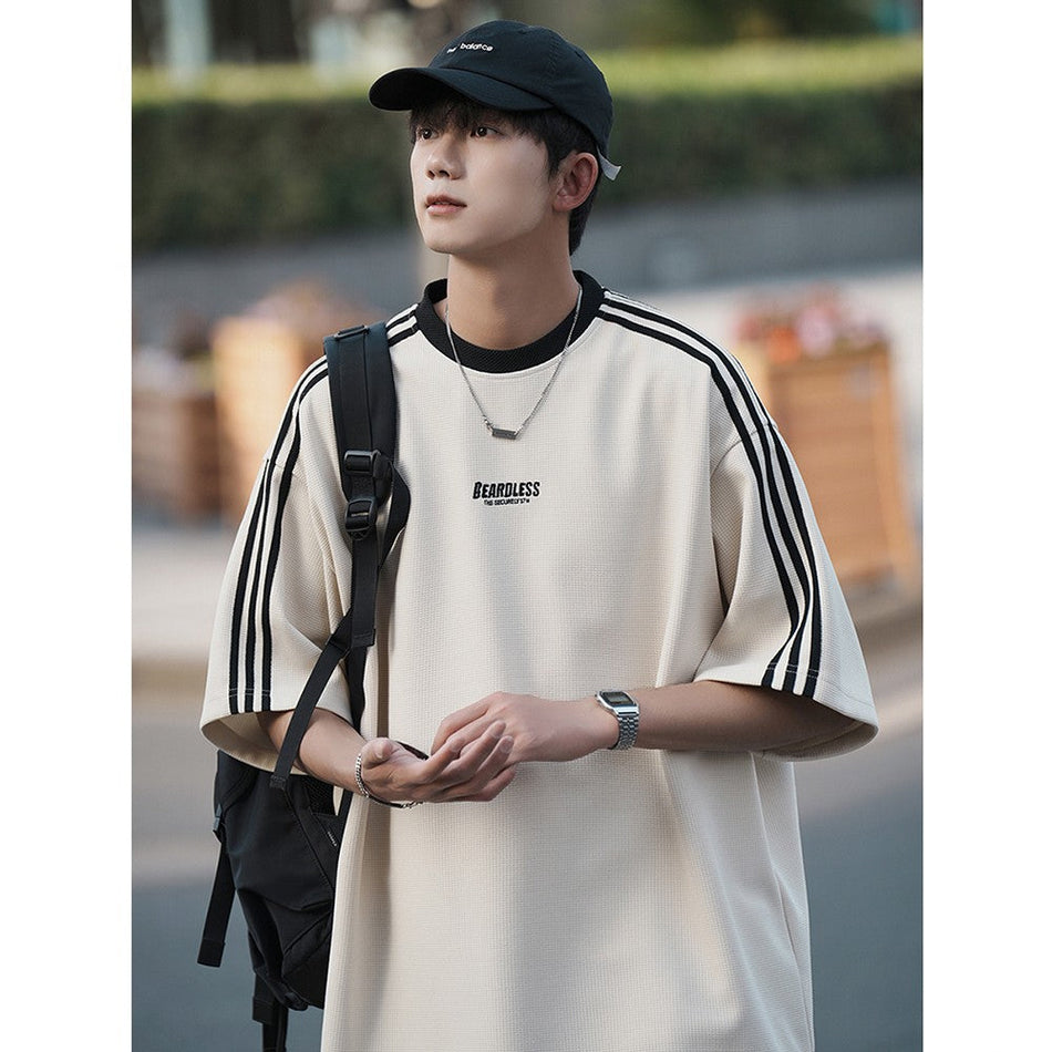 Men's Striped White Short Sleeve T-Shirt Loose Casual Top