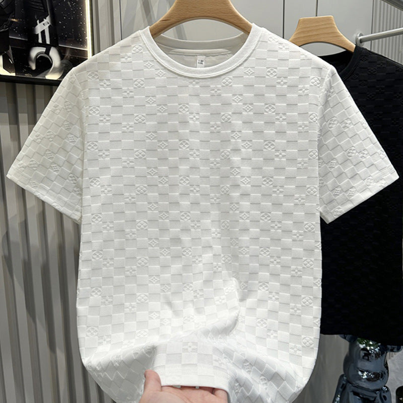 Men's European Plaid Short Sleeve Casual Round Neck Shirt