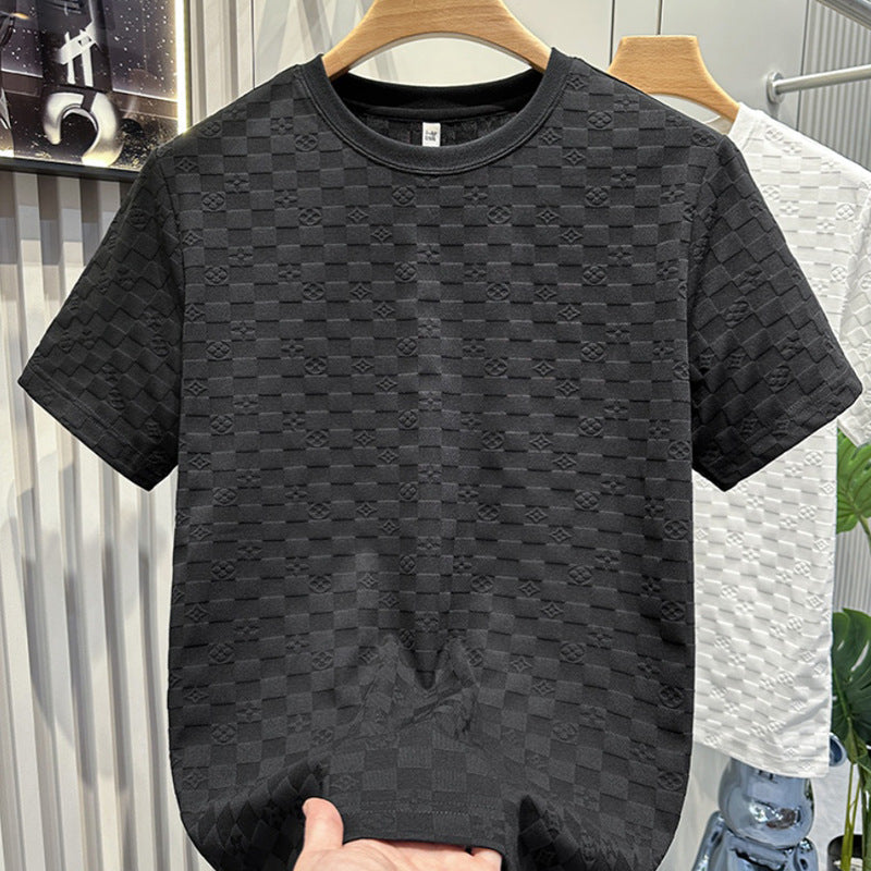 Men's European Plaid Short Sleeve Casual Round Neck Shirt