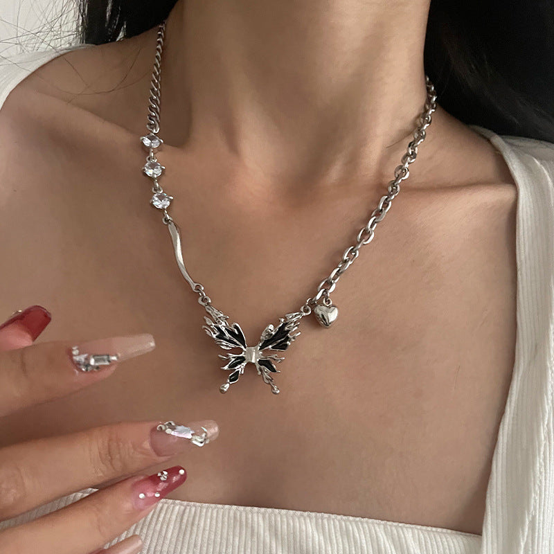 Black Butterfly Heart Pendant Titanium Steel Necklace