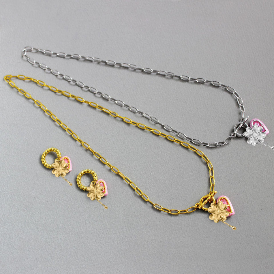 Glazed Heart Pearl Inlay Necklace with Clavicle Chain