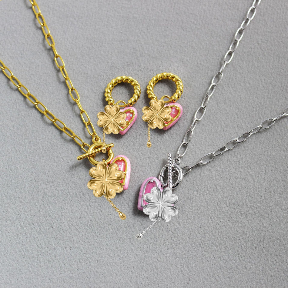 Glazed Heart Pearl Inlay Necklace with Clavicle Chain