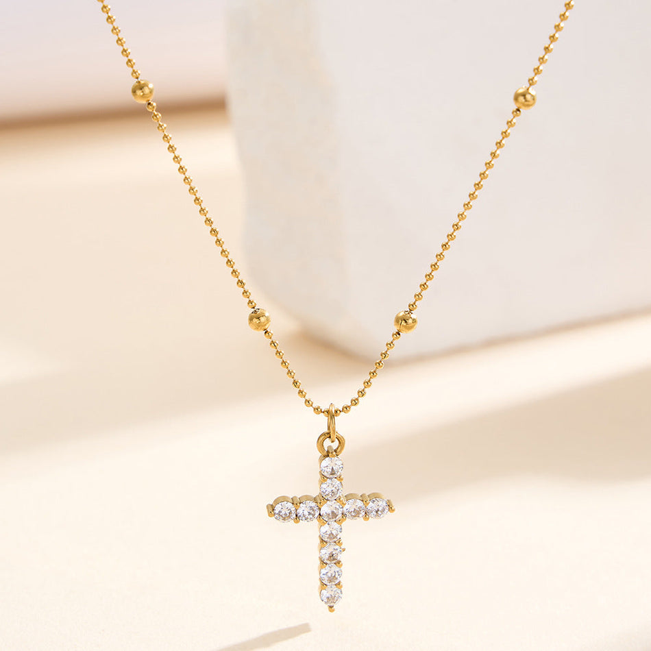 Gold Cross Pendant Necklace with Zircon Detail for Women