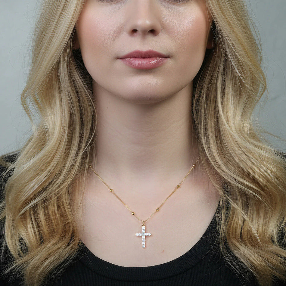 Gold Cross Pendant Necklace with Zircon Detail for Women