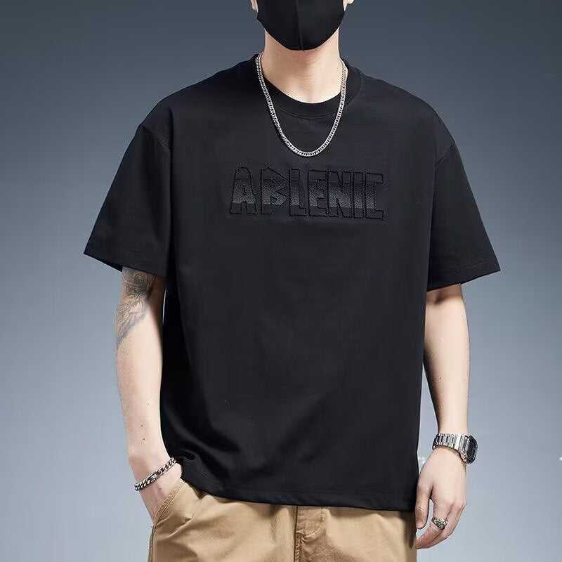 Unisex American Embroidered Letter Round Neck Heavyweight T-Shirt