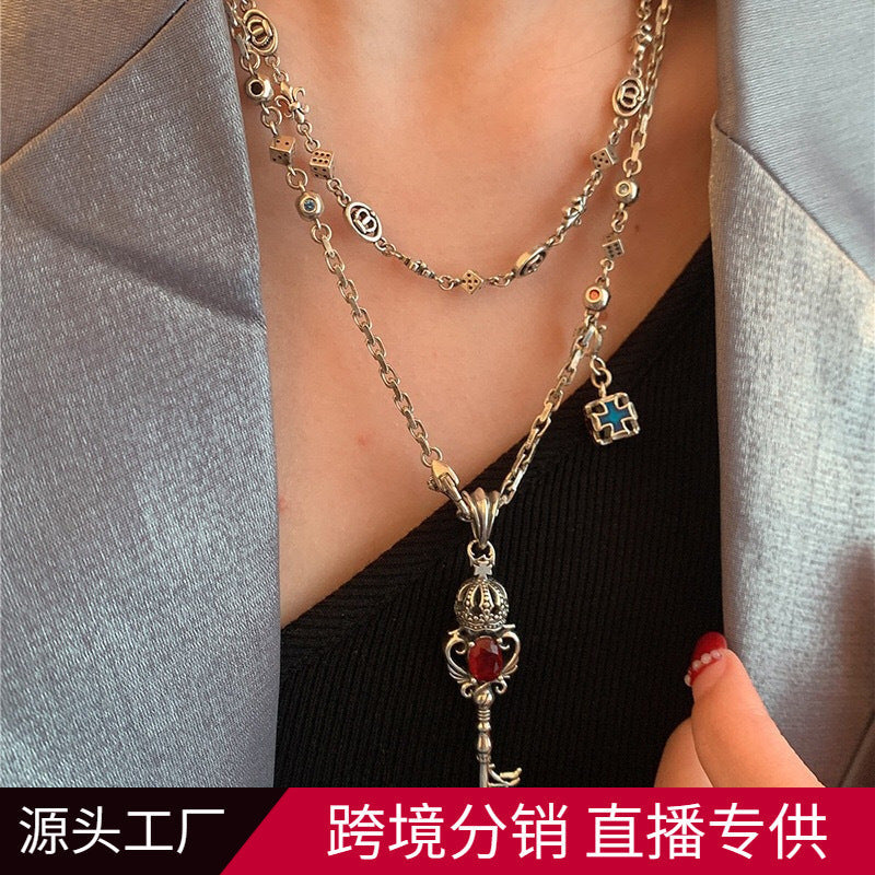 Retro Crown Pendant Necklace with Layered Chain for Women